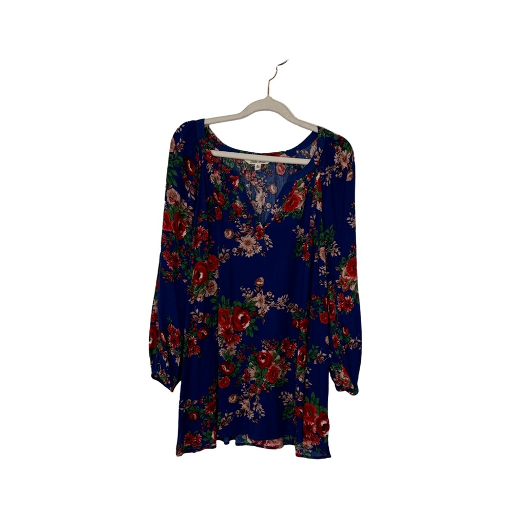 Pioneer Woman Blue 3/4 Sleeve Floral Peasant Shirt Top Tunic Sz XL
